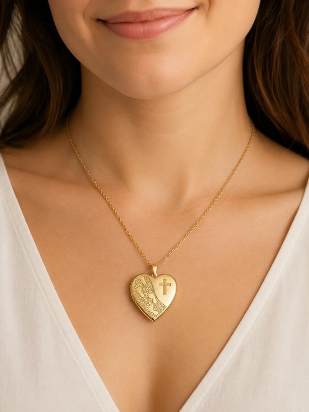 1/20 Gold Filled 20mm Cross And Footprint Heart Locket Necklace with 18 in Chain